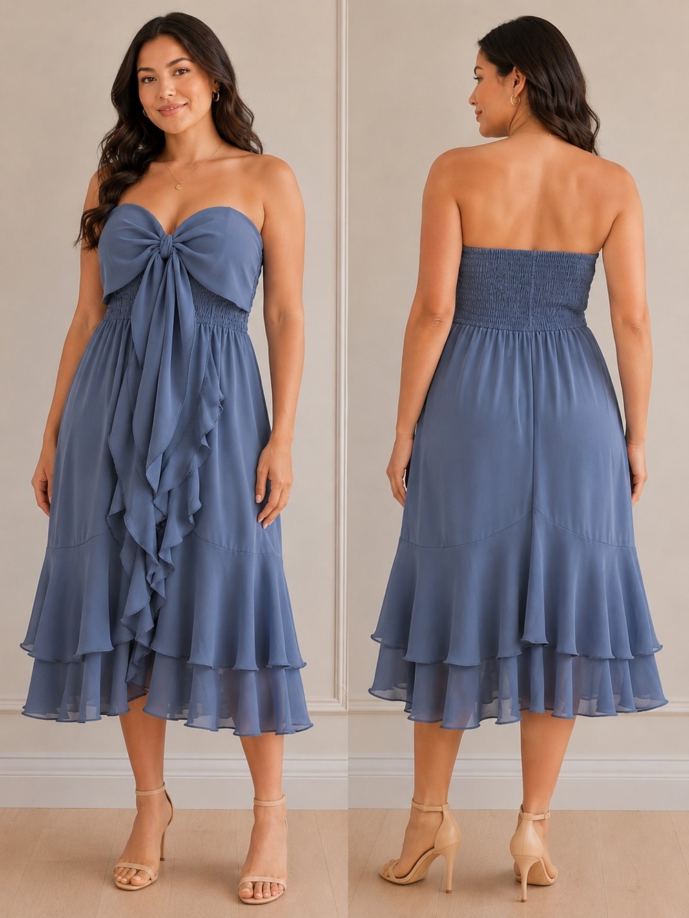 Grace Karin Strapless Tie-Front Ruffle Midi Dress-Dusty Blue- Size XL